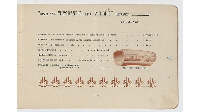 Catalogue page for ‘Milano' racing tyres, 1901, courtesy Fondazione Pirelli
